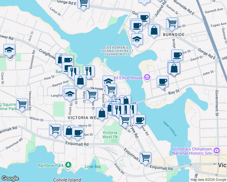 map of restaurants, bars, coffee shops, grocery stores, and more near 163 Langford Street in Victoria
