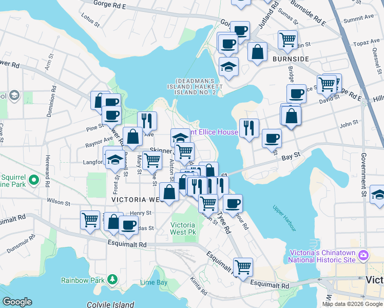 map of restaurants, bars, coffee shops, grocery stores, and more near 770 Central Spur Road in Victoria