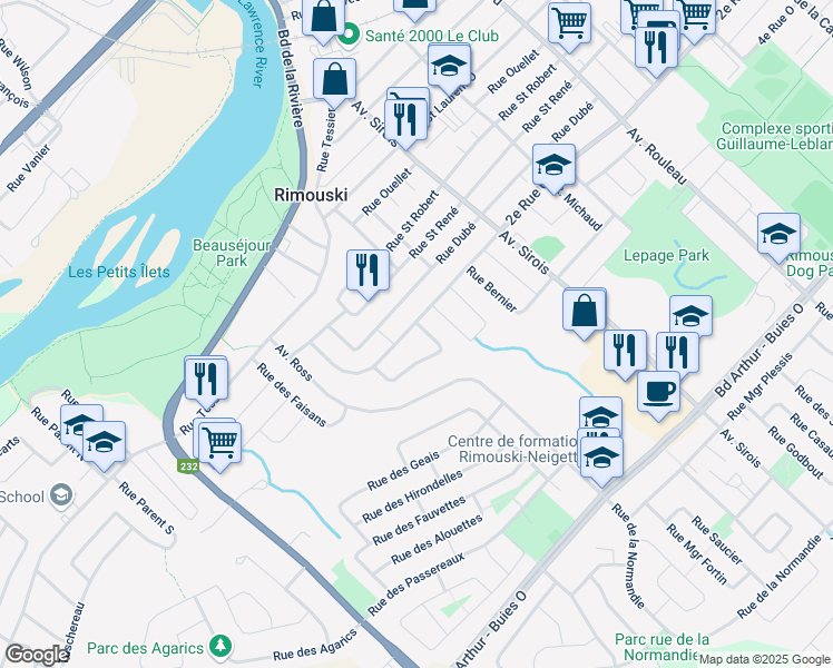 map of restaurants, bars, coffee shops, grocery stores, and more near 351 Rue Pierre d'Anjou in Rimouski