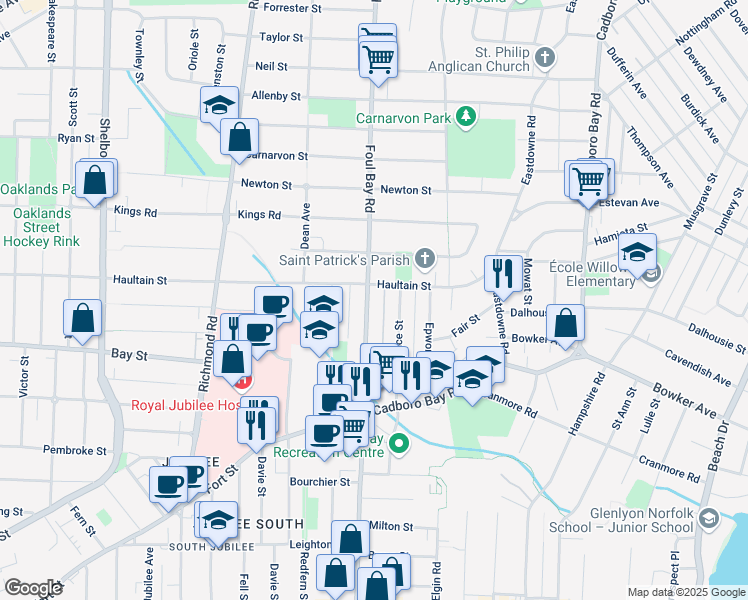 map of restaurants, bars, coffee shops, grocery stores, and more near 2529 Foul Bay Road in Victoria