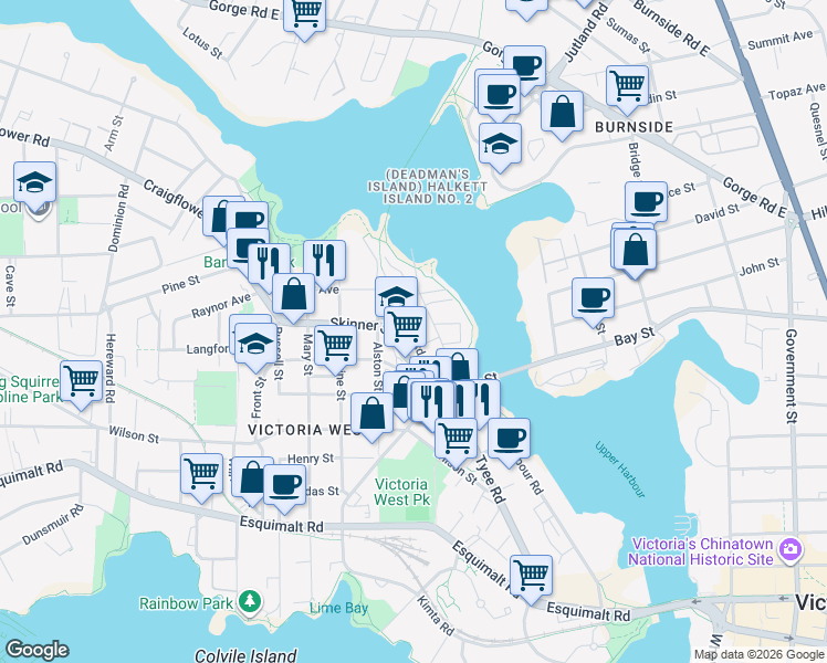 map of restaurants, bars, coffee shops, grocery stores, and more near 163 Langford Street in Victoria