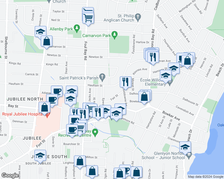 map of restaurants, bars, coffee shops, grocery stores, and more near 2151 Haultain Street in Victoria