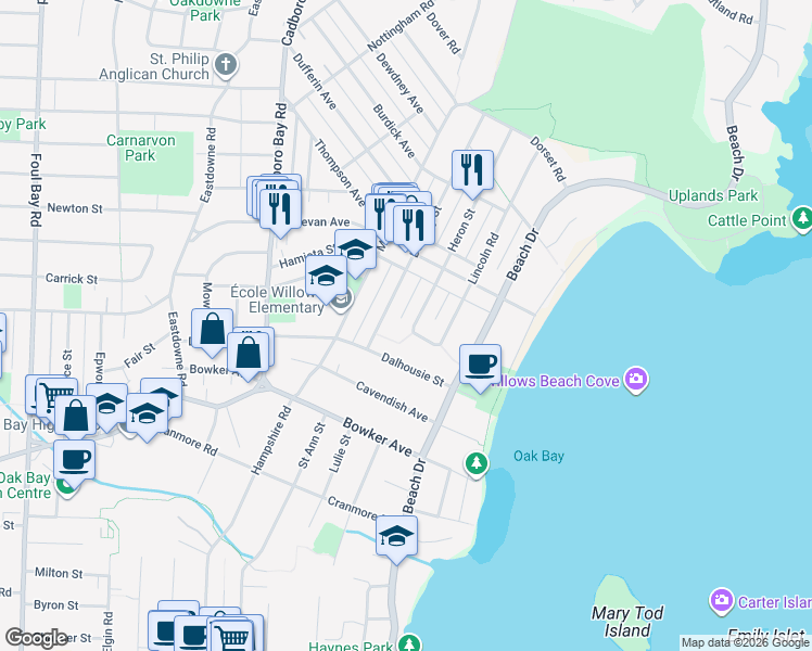 map of restaurants, bars, coffee shops, grocery stores, and more near 2320 Heron Street in Victoria