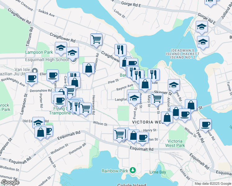 map of restaurants, bars, coffee shops, grocery stores, and more near 632 Raynor Avenue in Victoria