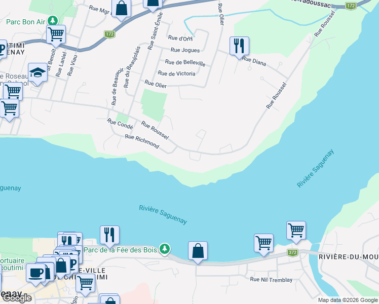 map of restaurants, bars, coffee shops, grocery stores, and more near 149 Rue Potvin in Saguenay