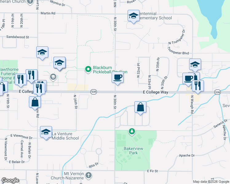 map of restaurants, bars, coffee shops, grocery stores, and more near North 30th Street in Mount Vernon