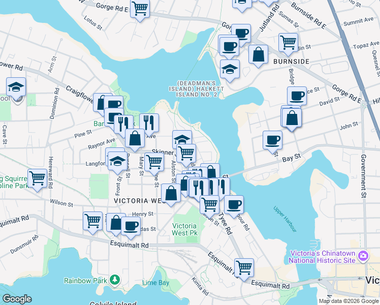 map of restaurants, bars, coffee shops, grocery stores, and more near 163 Langford Street in Victoria