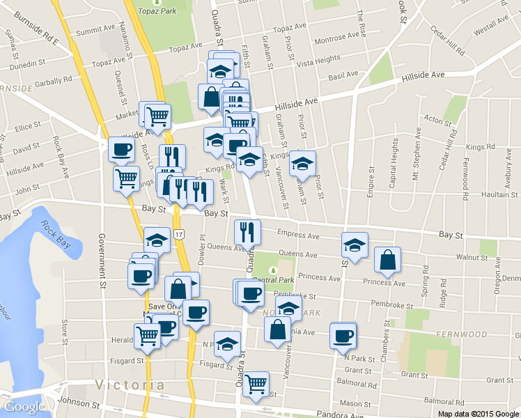 map of restaurants, bars, coffee shops, grocery stores, and more near in Victoria
