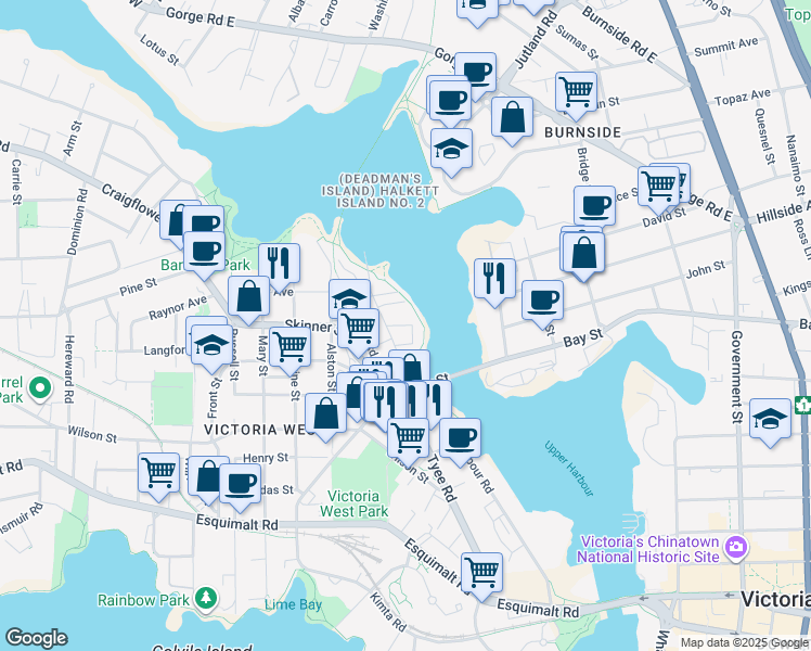 map of restaurants, bars, coffee shops, grocery stores, and more near 770 Central Spur Road in Victoria