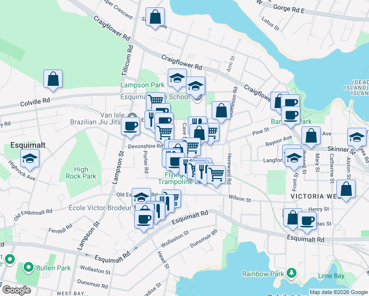 map of restaurants, bars, coffee shops, grocery stores, and more near 846 Viewfield Road in Victoria