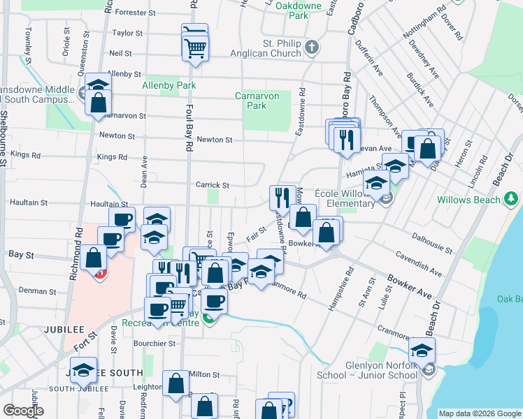 map of restaurants, bars, coffee shops, grocery stores, and more near 2181 Haultain Street in Victoria