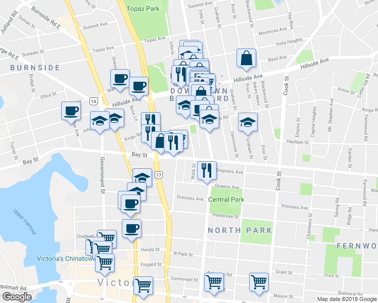 map of restaurants, bars, coffee shops, grocery stores, and more near 2536 Wark Street in Victoria