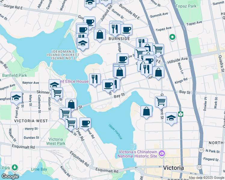 map of restaurants, bars, coffee shops, grocery stores, and more near 469 John Street in Victoria