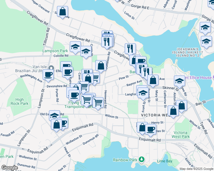 map of restaurants, bars, coffee shops, grocery stores, and more near 955 Hereward Road in Victoria
