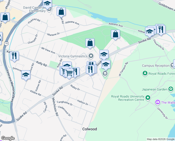 map of restaurants, bars, coffee shops, grocery stores, and more near 2210 Sooke Road in Victoria