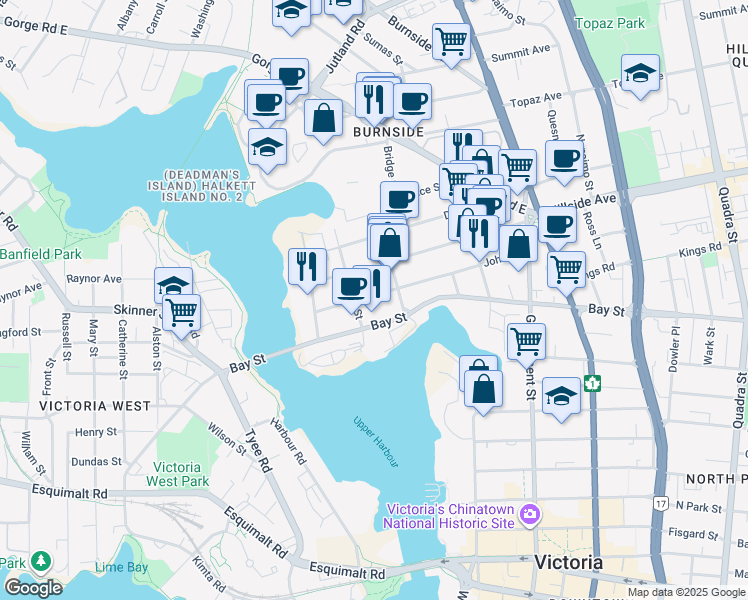 map of restaurants, bars, coffee shops, grocery stores, and more near 2612 Bridge Street in Victoria