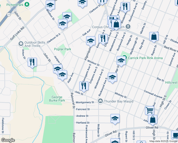 map of restaurants, bars, coffee shops, grocery stores, and more near 229 Kenogami Avenue South in Thunder Bay