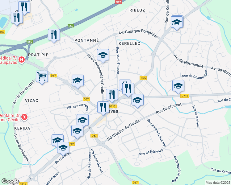 map of restaurants, bars, coffee shops, grocery stores, and more near in Guipavas