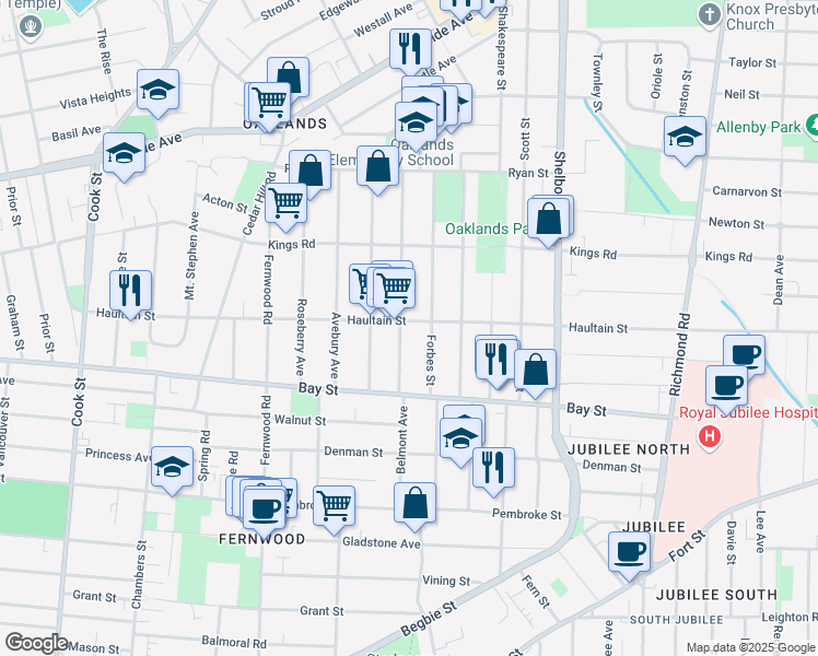 map of restaurants, bars, coffee shops, grocery stores, and more near 1522 Haultain Street in Victoria