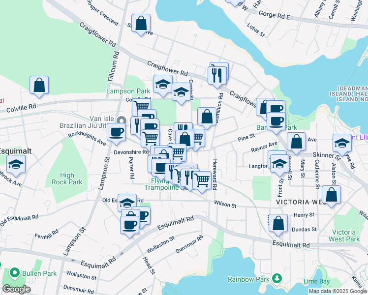 map of restaurants, bars, coffee shops, grocery stores, and more near 834 Devonshire Road in Victoria