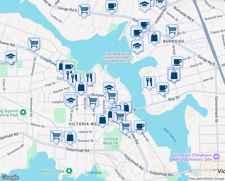 map of restaurants, bars, coffee shops, grocery stores, and more near 90 Regatta Landing in Victoria