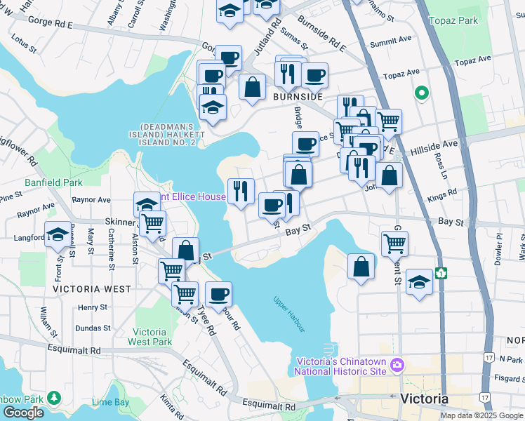 map of restaurants, bars, coffee shops, grocery stores, and more near 2645 Turner Street in Victoria