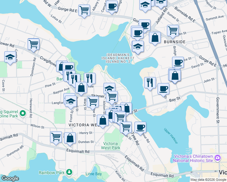 map of restaurants, bars, coffee shops, grocery stores, and more near 797 Tyee Road in Victoria