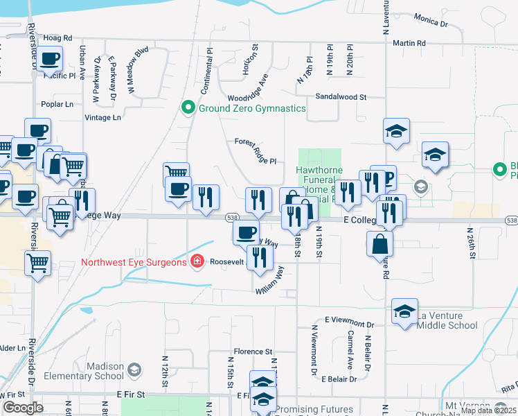 map of restaurants, bars, coffee shops, grocery stores, and more near 1701 Windsor Drive in Mount Vernon