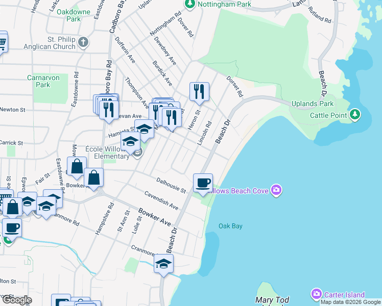 map of restaurants, bars, coffee shops, grocery stores, and more near 2633 Estevan Avenue in Victoria