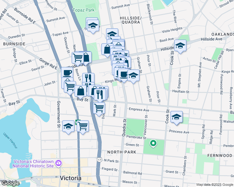 map of restaurants, bars, coffee shops, grocery stores, and more near 2523 Wark Street in Victoria