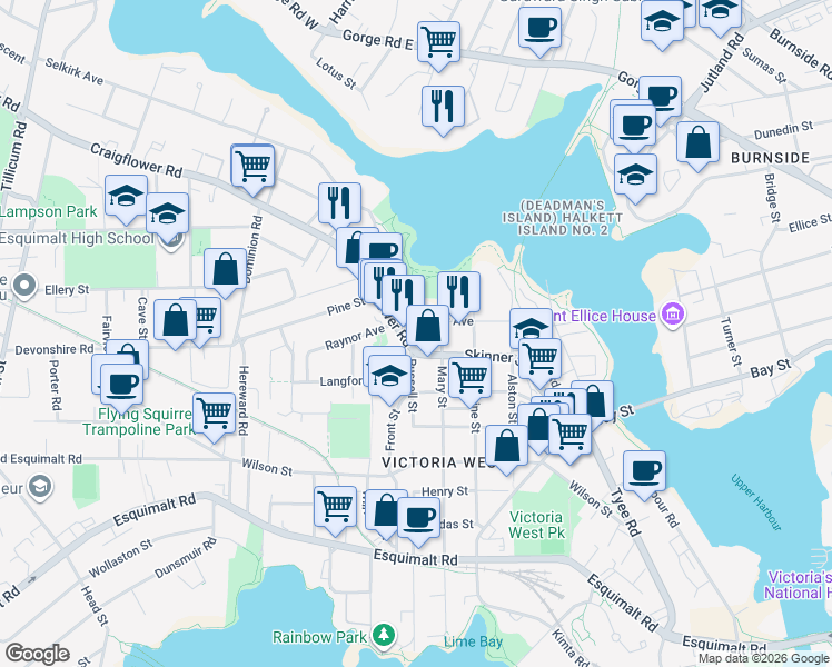 map of restaurants, bars, coffee shops, grocery stores, and more near 1035 Russell Street in Victoria