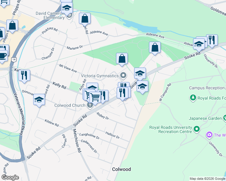 map of restaurants, bars, coffee shops, grocery stores, and more near 2210 Sooke Road in Victoria