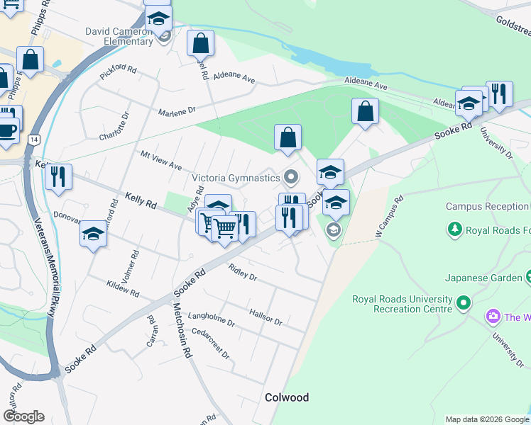 map of restaurants, bars, coffee shops, grocery stores, and more near 2210 Sooke Road in Victoria
