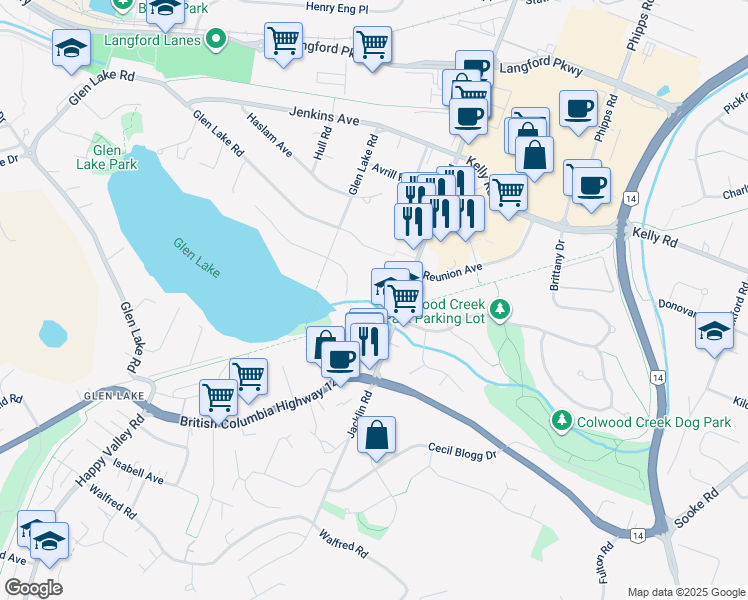 map of restaurants, bars, coffee shops, grocery stores, and more near 3144 Jacklin Road in Victoria
