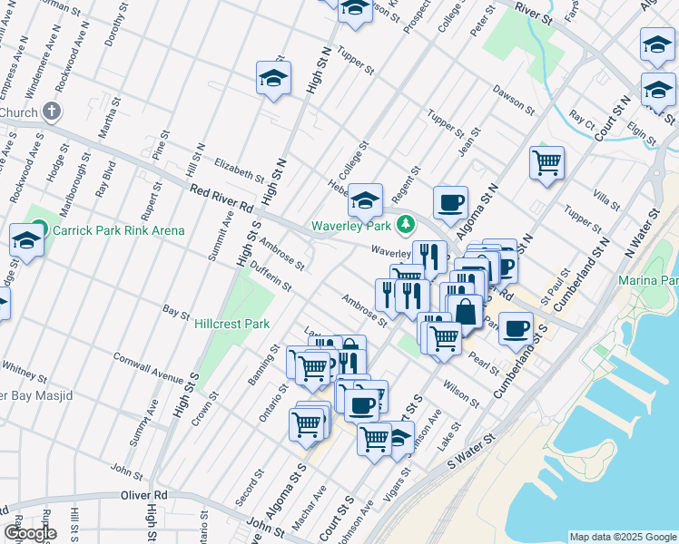 map of restaurants, bars, coffee shops, grocery stores, and more near 365 Pearl Street in Thunder Bay