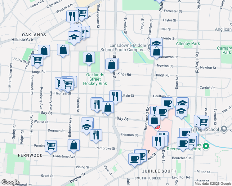 map of restaurants, bars, coffee shops, grocery stores, and more near 2619 Shelbourne Street in Victoria