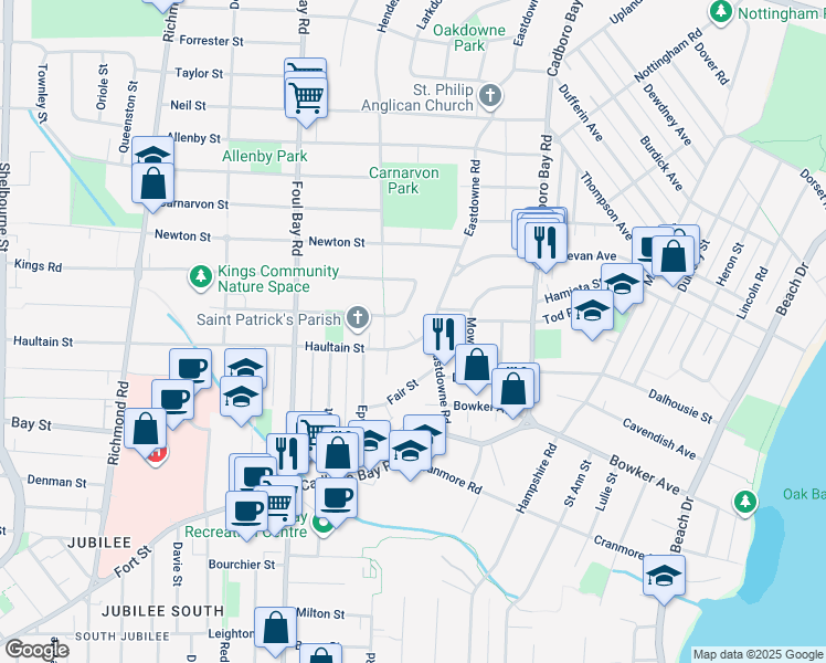 map of restaurants, bars, coffee shops, grocery stores, and more near 2180 Haultain Street in Victoria