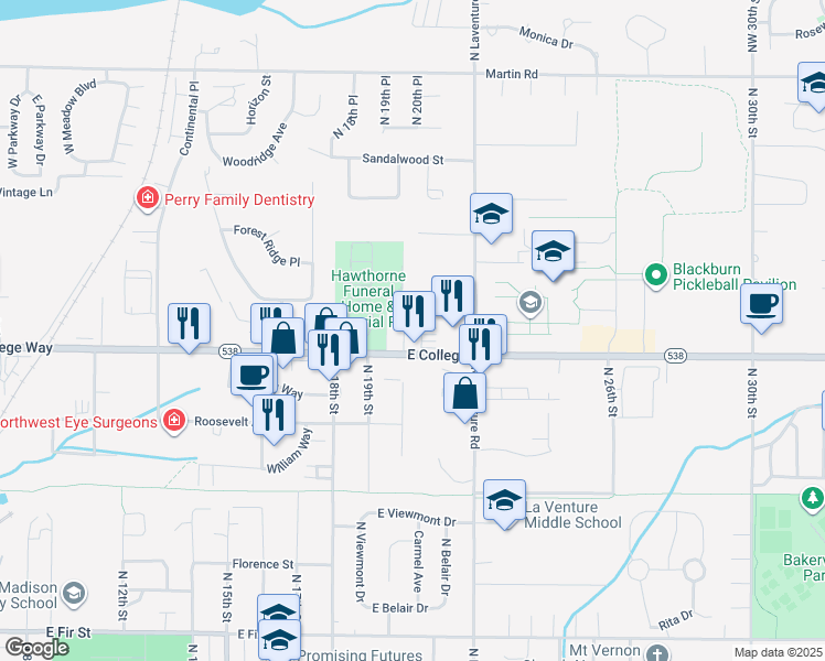 map of restaurants, bars, coffee shops, grocery stores, and more near 2005 East College Way in Mount Vernon