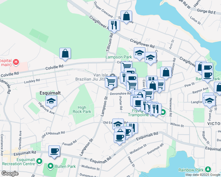 map of restaurants, bars, coffee shops, grocery stores, and more near 935 Ellery Street in Victoria