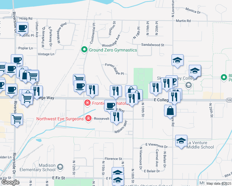 map of restaurants, bars, coffee shops, grocery stores, and more near 1717 Windsor Drive in Mount Vernon