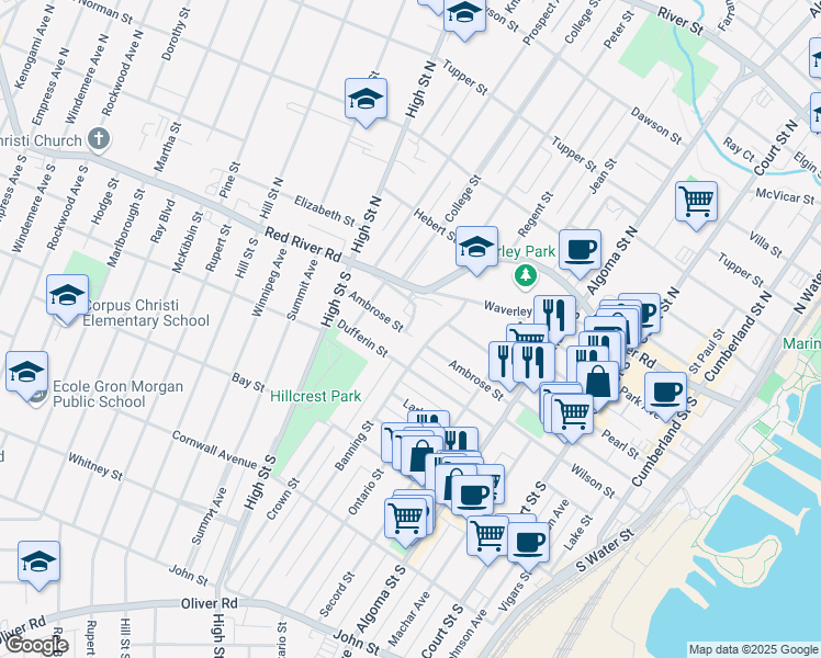 map of restaurants, bars, coffee shops, grocery stores, and more near 386 Ambrose Street in Thunder Bay