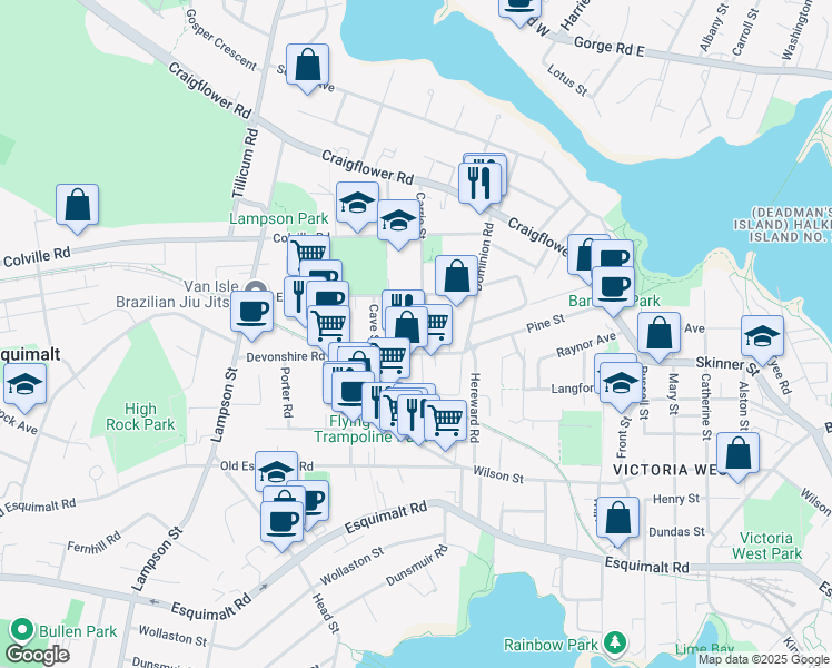 map of restaurants, bars, coffee shops, grocery stores, and more near 830 Devonshire Road in Victoria