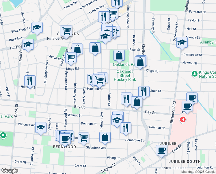 map of restaurants, bars, coffee shops, grocery stores, and more near 1522 Haultain Street in Victoria