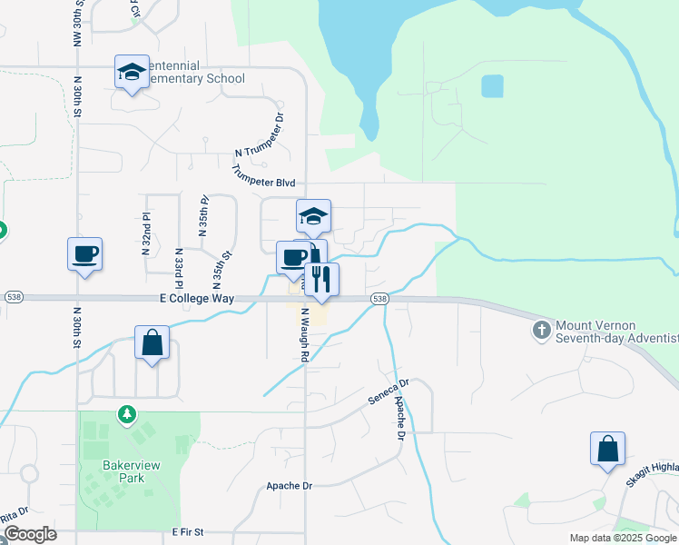 map of restaurants, bars, coffee shops, grocery stores, and more near 3903 East College Way in Mount Vernon