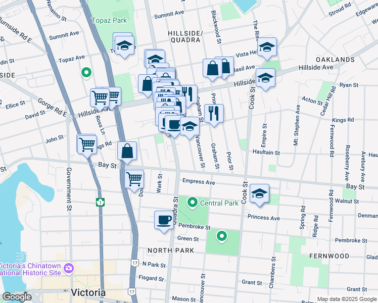 map of restaurants, bars, coffee shops, grocery stores, and more near 2544 Fifth Street in Victoria