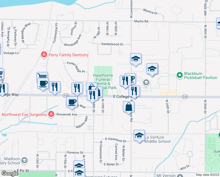 map of restaurants, bars, coffee shops, grocery stores, and more near 2005 East College Way in Mount Vernon