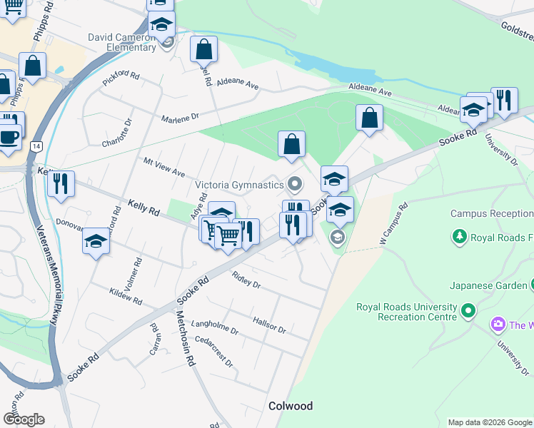 map of restaurants, bars, coffee shops, grocery stores, and more near 2210 Sooke Road in Victoria
