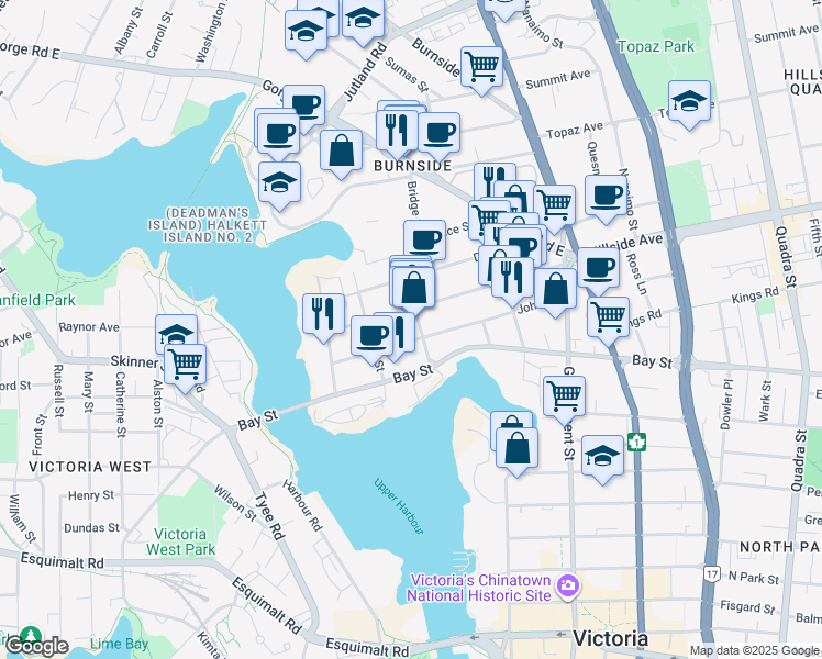 map of restaurants, bars, coffee shops, grocery stores, and more near 2612 Bridge Street in Victoria