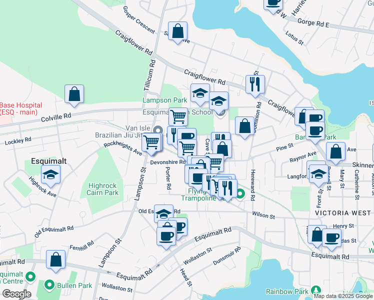 map of restaurants, bars, coffee shops, grocery stores, and more near 786 Fairview Road in Victoria