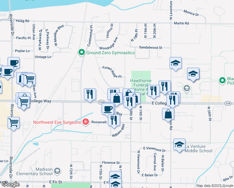 map of restaurants, bars, coffee shops, grocery stores, and more near 1712 Windsor Drive in Mount Vernon